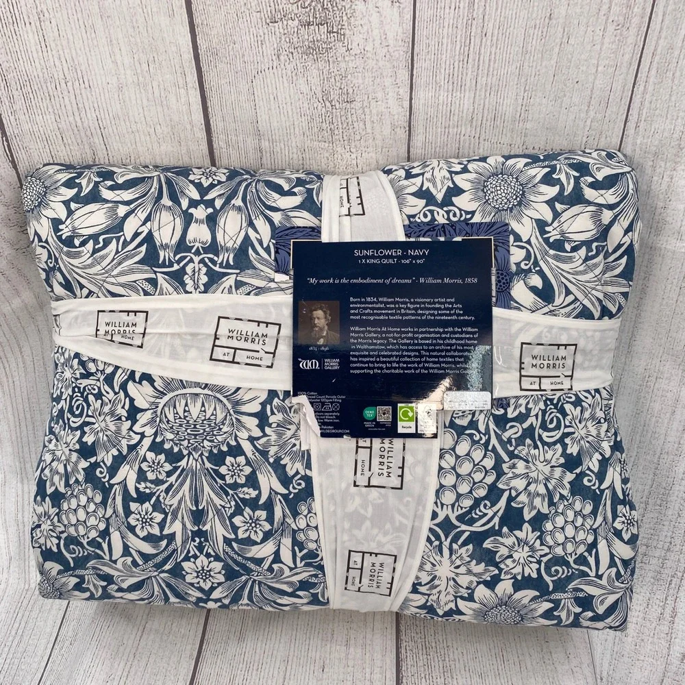 William Morris At Home Quilt King Navy Blue Sunflower Floral Cotton Bedspread